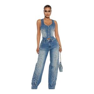 Fashion Nova Embellished Denim Straight Leg Jeans‎ Size 11
